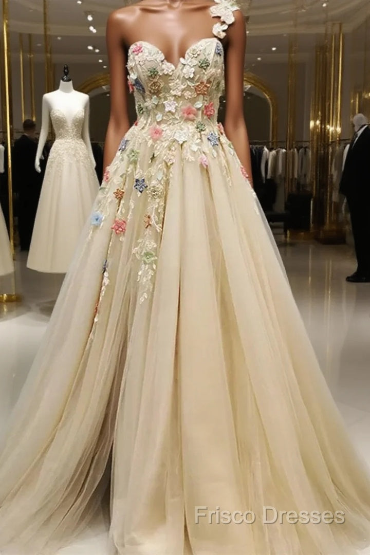 Light Champagne Tulle With Flowers Long Formal Dress, A-Line Tulle Formal Dress