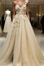 Light Champagne Tulle With Flowers Long Formal Dress, A-Line Tulle Formal Dress