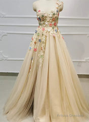 Light Champagne Tulle With Flowers Long Evening Dress, A-Line Tulle Formal Dress