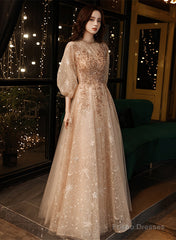 Light Champagne Tulle With Lace Long Party Dress, A-Line Tulle Puffy Sleeves Prom Dress