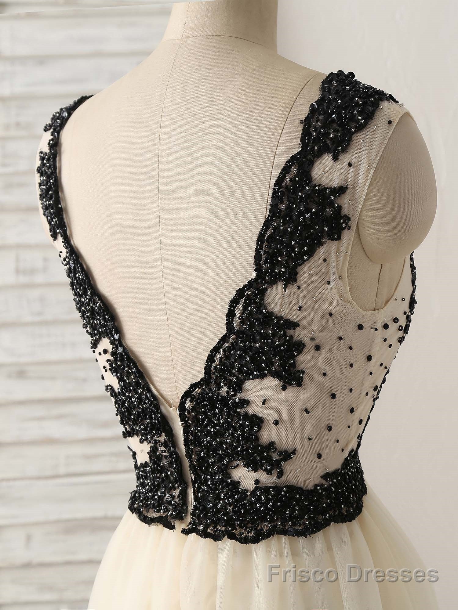 Light Champagne V Neck Beads Tulle Long Prom Dress, Champagne Formal Dress