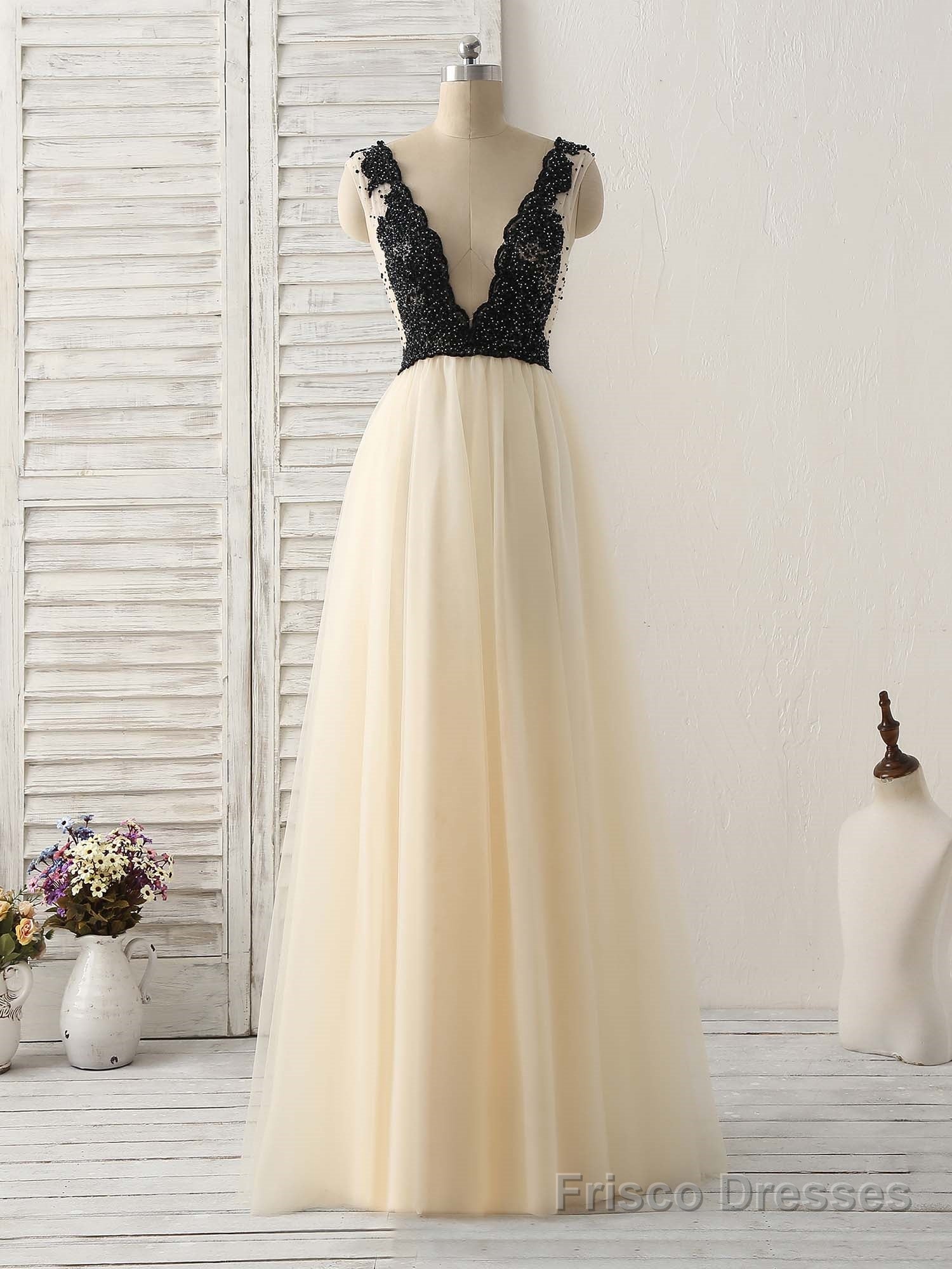 Light Champagne V Neck Beads Tulle Long Prom Dress, Champagne Formal Dress Main image