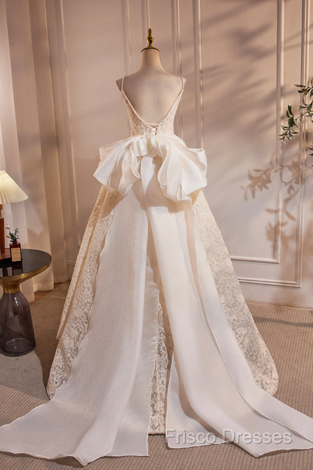 Light Champagne V-Neck Lace Long Formal Prom Dress, A-Line Spaghetti Straps Backless Party Dress With Bow Secondary image