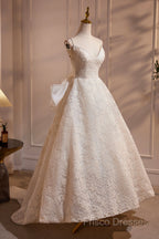 Light Champagne V-Neck Lace Long Formal Prom Dress, A-Line Spaghetti Straps Backless Party Dress With Bow