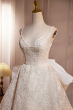 Light Champagne V-Neck Lace Long Formal Prom Dress, A-Line Spaghetti Straps Backless Party Dress With Bow