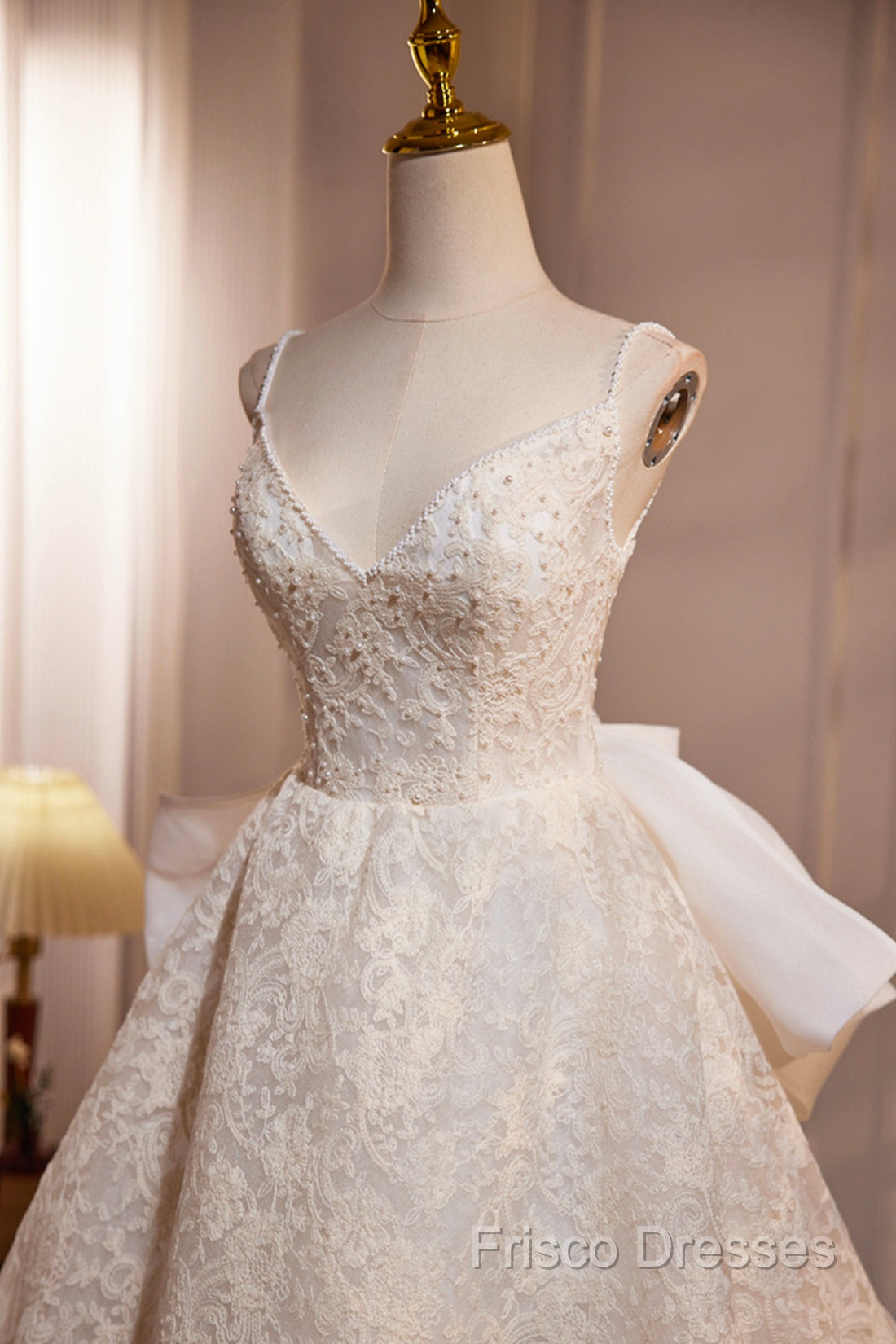 Light Champagne V-Neck Lace Long Formal Prom Dress, A-Line Spaghetti Straps Backless Party Dress With Bow