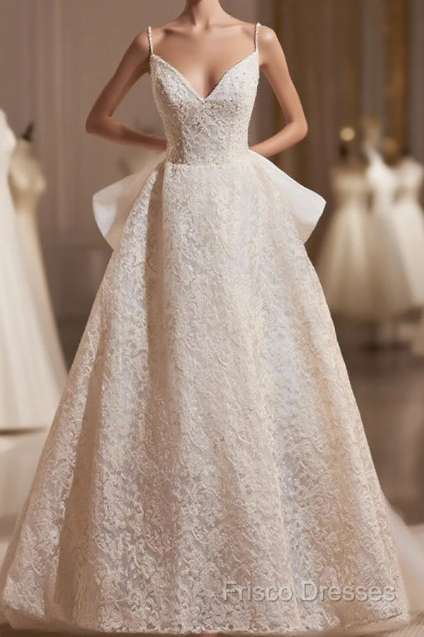 Light Champagne V-Neck Lace Long Formal Prom Dress, A-Line Spaghetti Straps Backless Party Dress With Bow