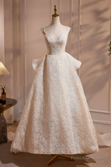Light Champagne V-Neck Lace Long Prom Dress, A-Line Spaghetti Straps Backless Party Dress With Bow