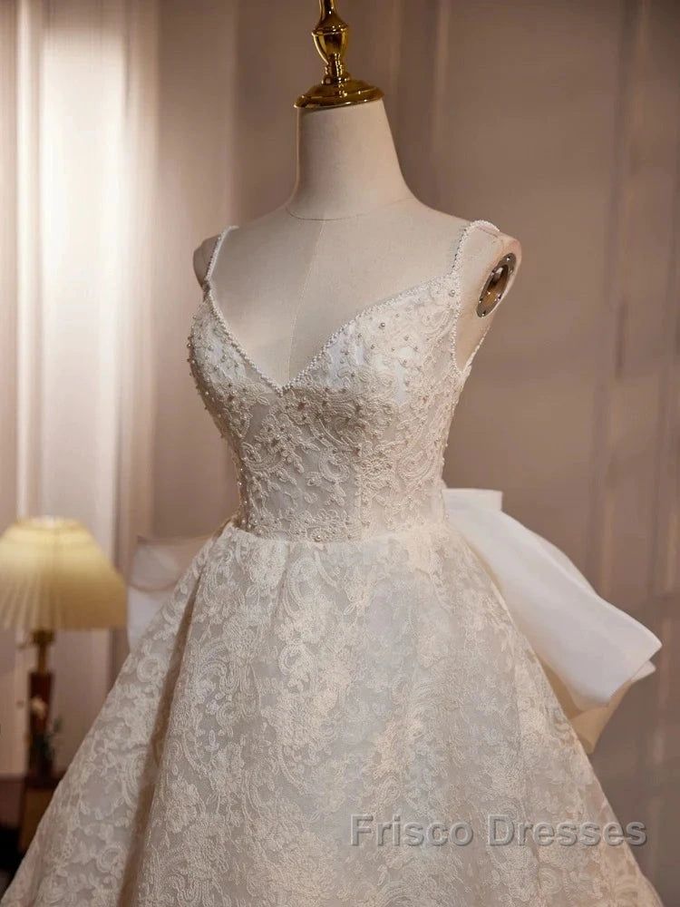 Light Champagne V-Neck Lace Long Formal Prom Dress Weeding Dress