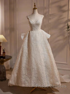 Light Champagne V-Neck Lace Long Formal Prom Dress Weeding Dress