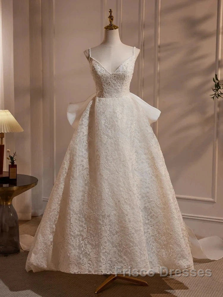 Light Champagne V-Neck Lace Long Formal Prom Dress Weeding Dress