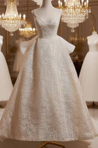 Light Champagne V-Neck Lace Long Formal Prom Dress Weeding Dress