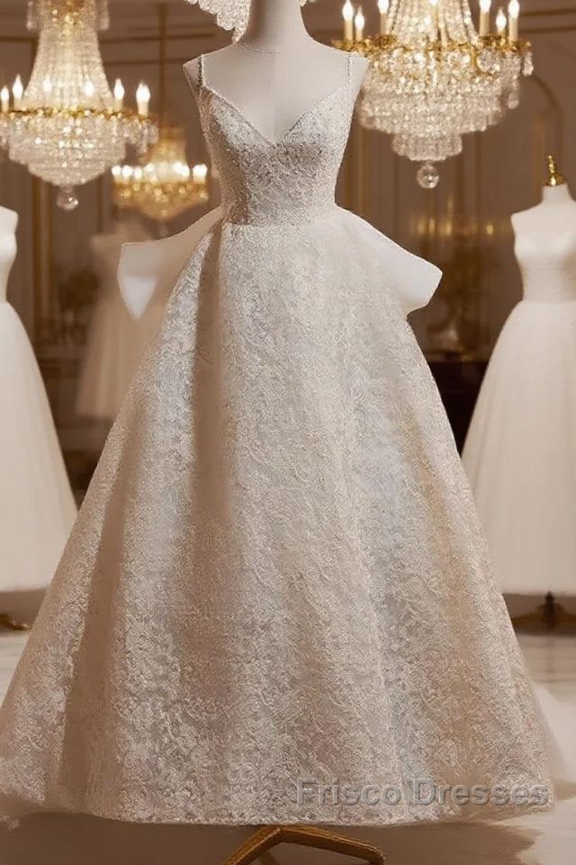 Light Champagne V-Neck Lace Long Formal Prom Dress Weeding Dress