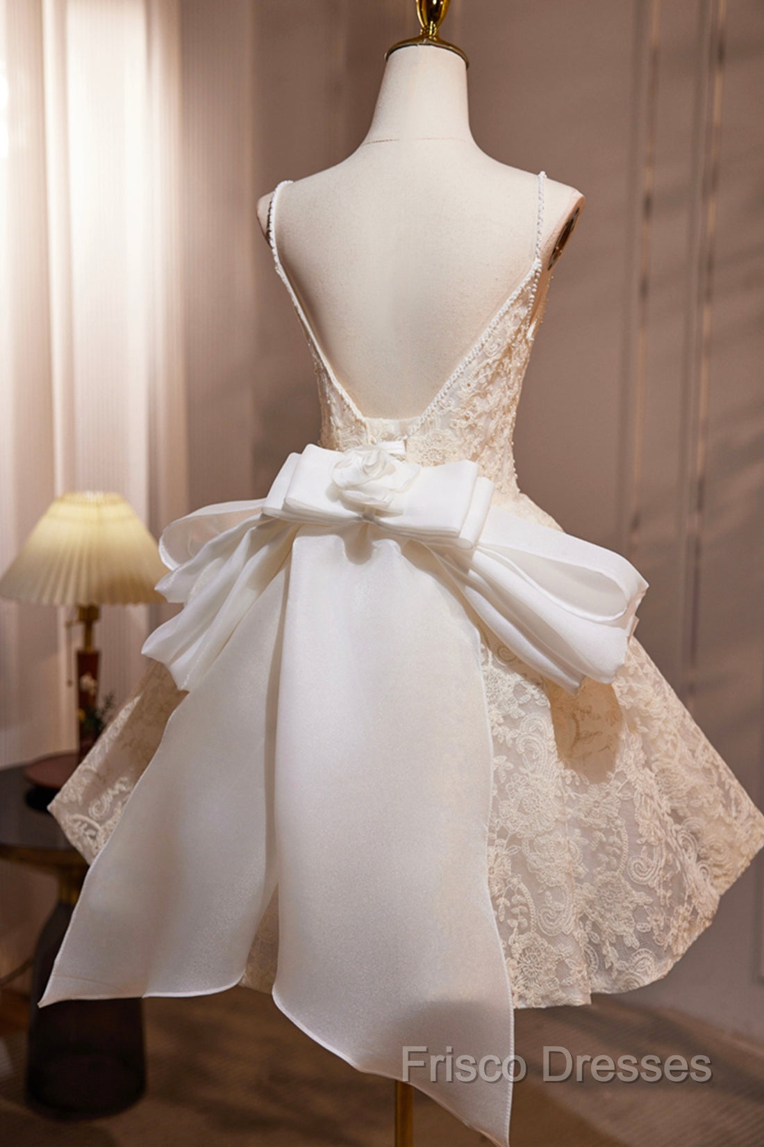 Light Champagne V-Neck Lace Short Formal Prom Dress, A-Line Spaghetti Straps Backless Party Dress With Bow