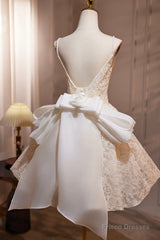 Light Champagne V-Neck Lace Short Prom Dress, A-Line Spaghetti Straps Backless Party Dress With Bow
