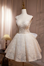 Light Champagne V-Neck Lace Short Formal Prom Dress, A-Line Spaghetti Straps Backless Party Dress With Bow