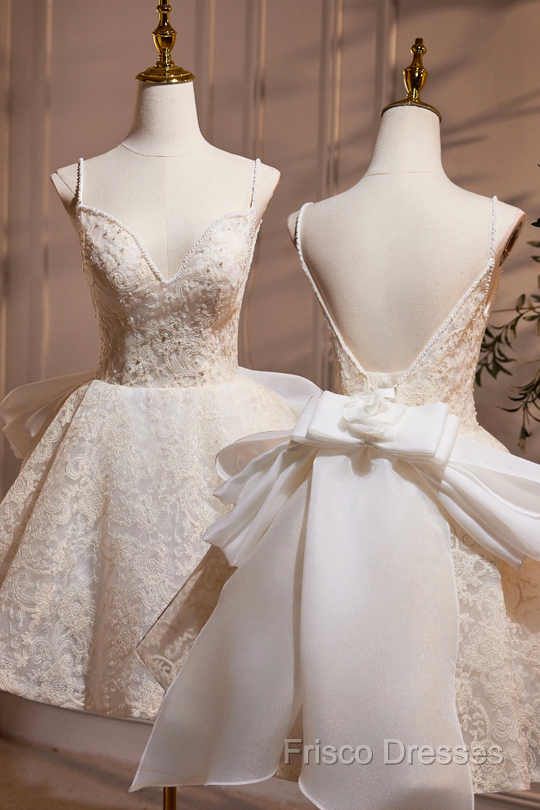 Light Champagne V-Neck Lace Short Formal Prom Dress, A-Line Spaghetti Straps Backless Party Dress With Bow