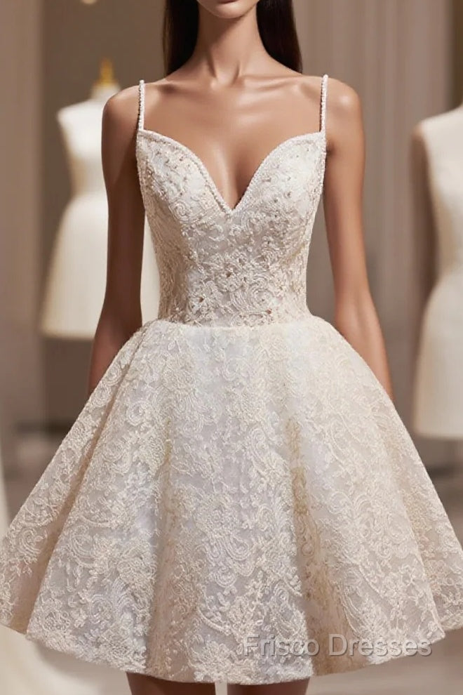 Light Champagne V-Neck Lace Short Formal Prom Dress, A-Line Spaghetti Straps Backless Party Dress With Bow Main image