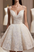 Light Champagne V-Neck Lace Short Formal Prom Dress, A-Line Spaghetti Straps Backless Party Dress With Bow