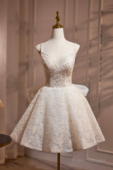 Light Champagne V-Neck Lace Short Prom Dress, A-Line Spaghetti Straps Backless Party Dress With Bow