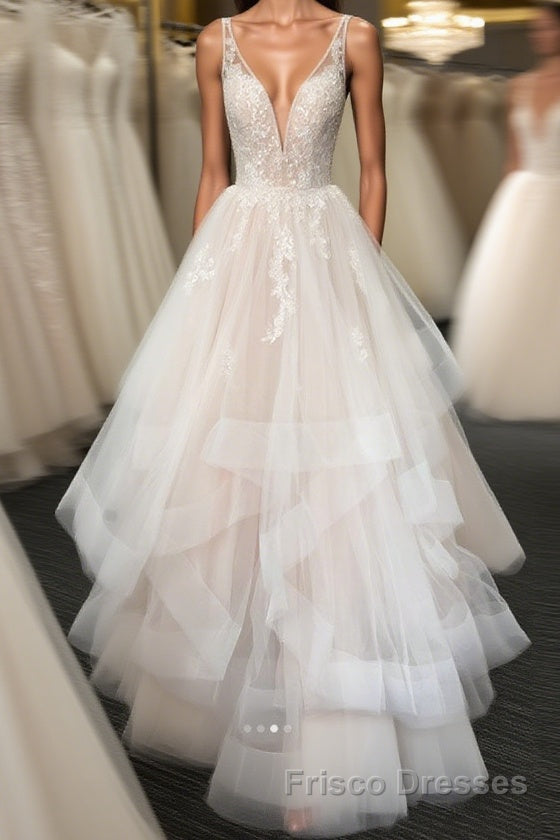 Light champagne v neck tulle lace long Formal Prom Dresses, wedding Dresses Main image