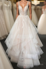 Light champagne v neck tulle lace long Formal Prom Dresses, wedding Dresses
