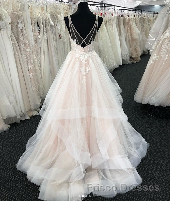 Light champagne v neck tulle lace long Formal Prom Dresses, wedding Dresses Secondary image
