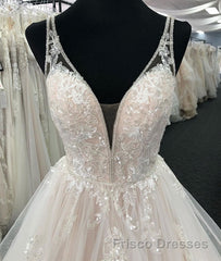 Light champagne v neck tulle lace long Formal Prom Dresses, wedding Dresses