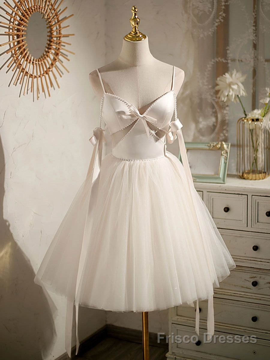 Light Champagne V neck Tulle Short Prom Dress, Tulle Puffy Homecoming Dress