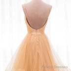 Light Champagne V-neckline Layers Straps Shiny Tulle Party Dress, Champagne Evening Gown Formal Dress
