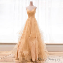 Light Champagne V-neckline Layers Straps Shiny Tulle Party Dress, Champagne Evening Gown Formal Dress