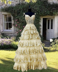 Light Gold Lace Ball Gown Dress