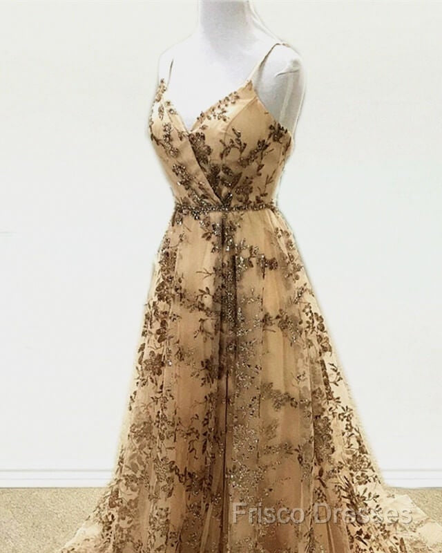 Light Gold Sequin Pattern Formal Prom Dress V Neck Split