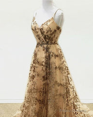 Light Gold Sequin Pattern Prom Dresses V Neck Split