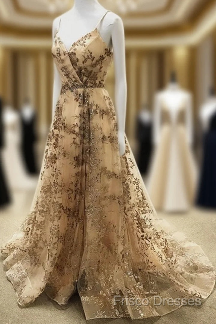 Light Gold Sequin Pattern Formal Prom Dress V Neck Split