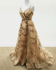 Light Gold Sequin Pattern Prom Dresses V Neck Split