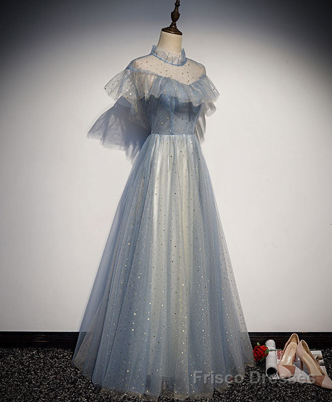Light Gray Blue Tulle Lace Long Prom Dress, Gray Blue Tulle Evening Dress Main image