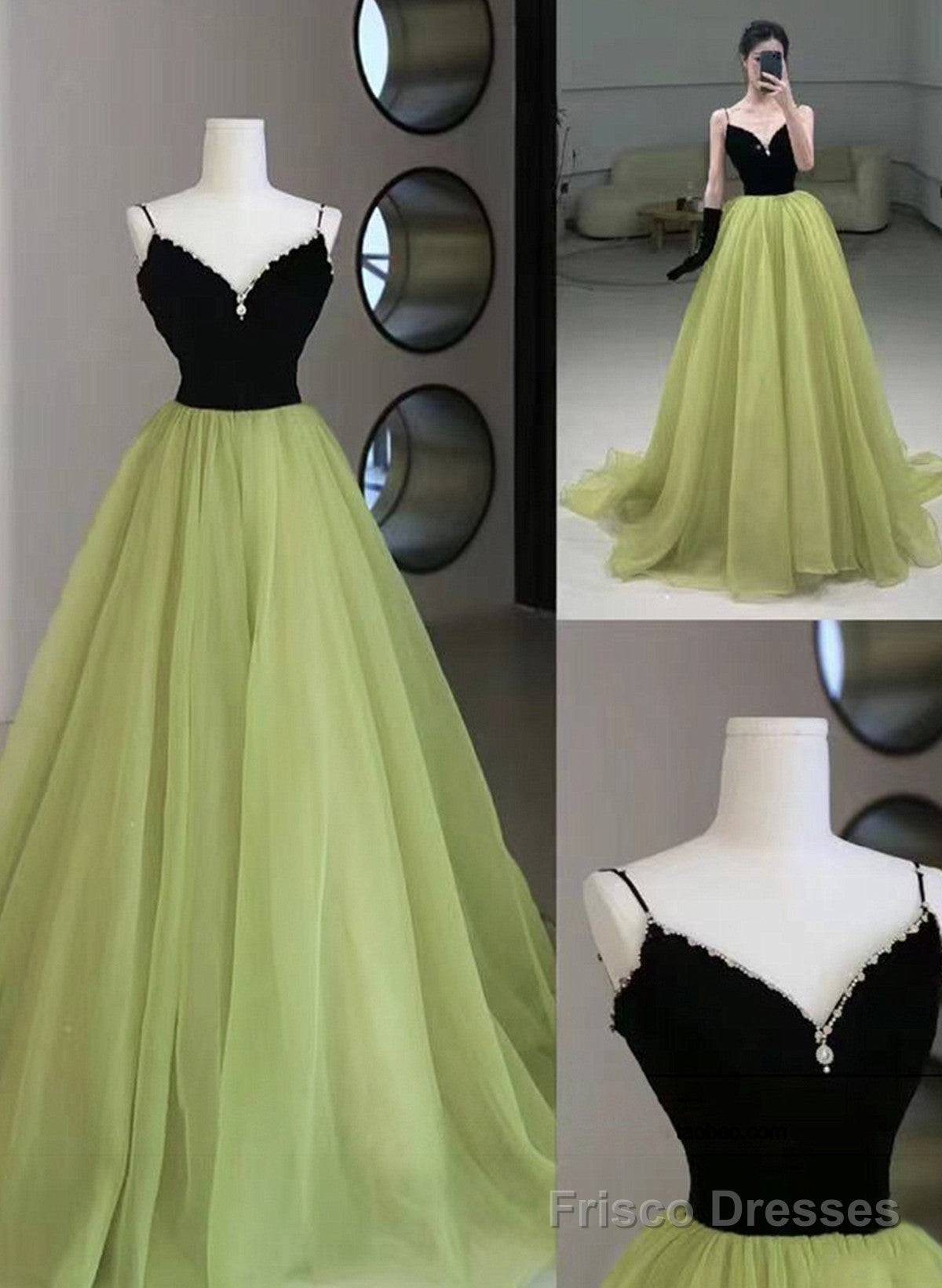 Light Green and Black Beaded Straps Long Party Dress, Green Tulle Evening Dress Prom Dress Main image