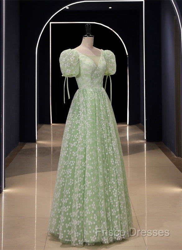 Light Green Floral V-Neckline Short Sleeves Party Dress, A-Line Green Formal Dress