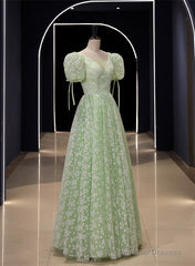Light Green Floral V-Neckline Short Sleeves Party Dress, A-Line Green Formal Dress
