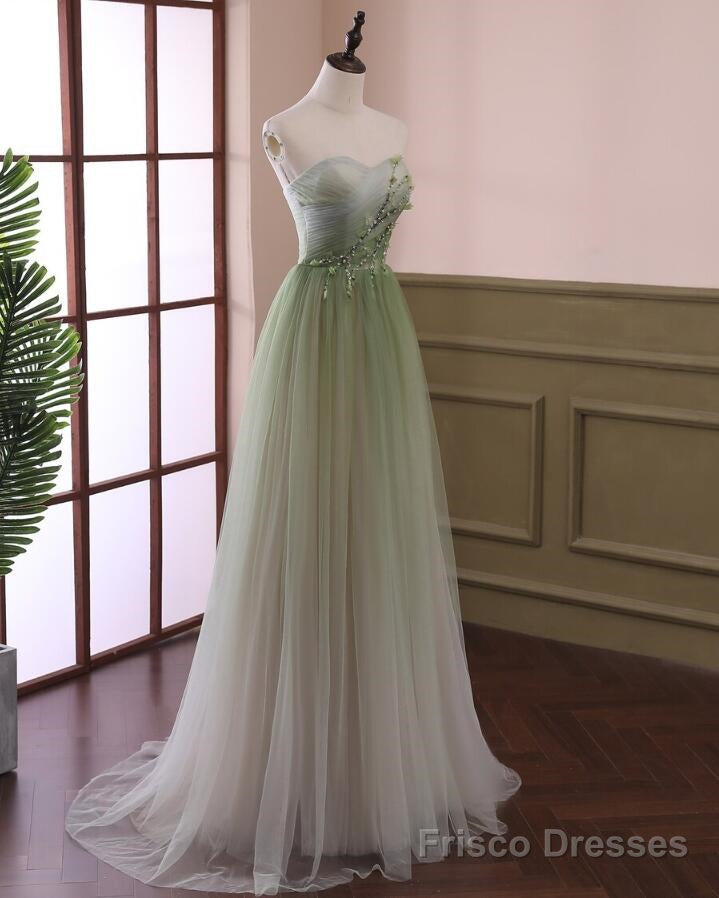 Light Green Gradient Tulle Long Formal Dress, Green Beaded Sweetheart Prom Dresses Main image