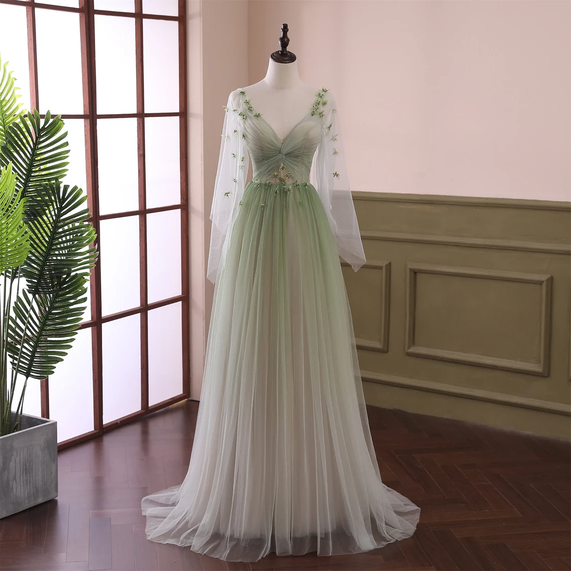 Light Green Long Sleeves Gradient Tulle Party Dress, Green Floor Length Prom Dress