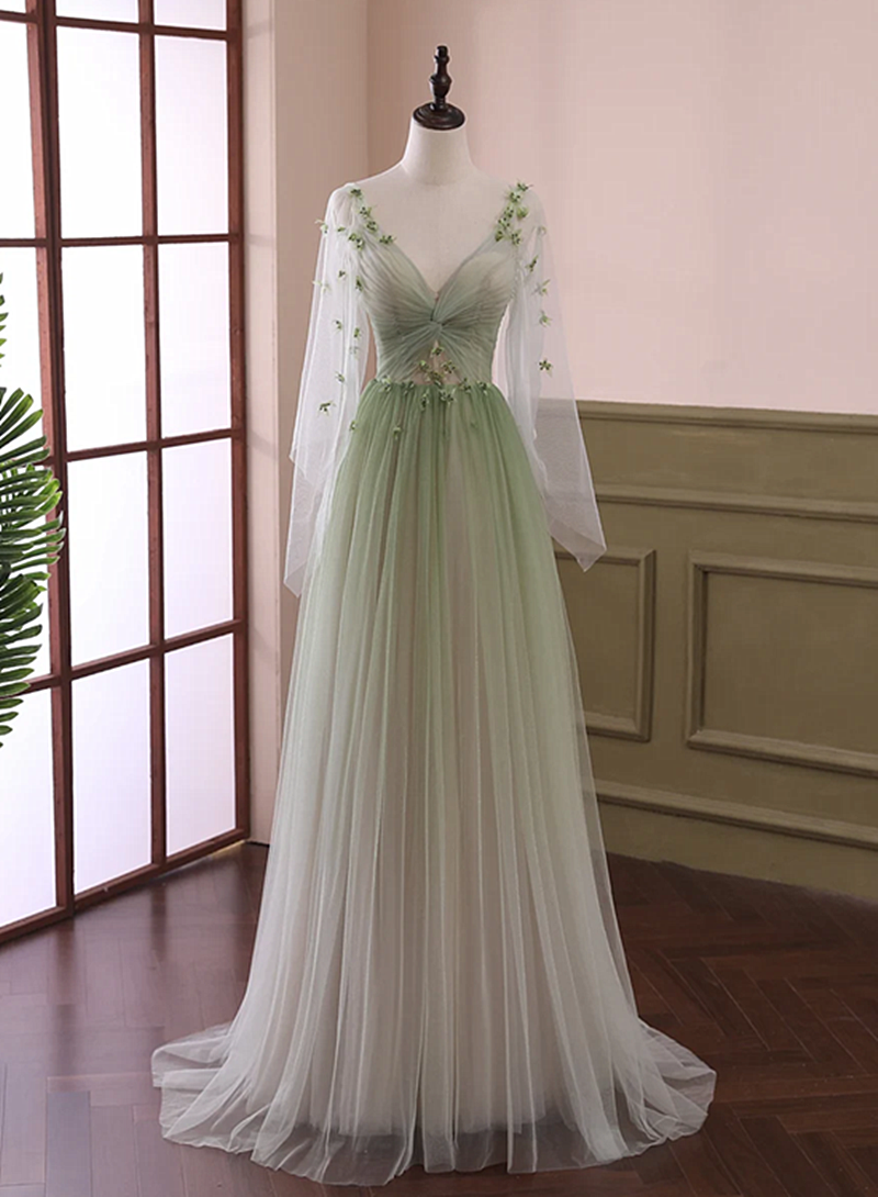 Light Green Long Sleeves Gradient Tulle Party Dress, Green Floor Length Prom Dress Main image