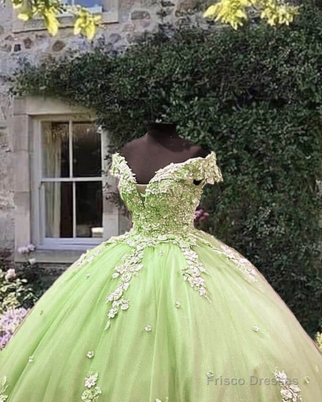 Light Green Off Shoulder Ball Gown Dress With 3D Lace Flowers