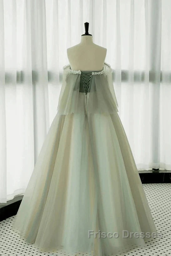 Light Green Off Shoulder Tulle Long Formal Prom Dress A-Line Green Party Dress