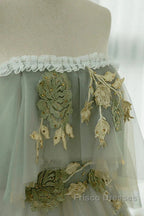 Light Green Off Shoulder Tulle Long Formal Prom Dress A-Line Green Party Dress