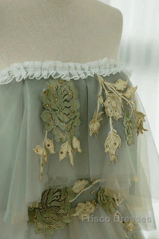 Light Green Off Shoulder Tulle Long Formal Prom Dress A-Line Green Party Dress