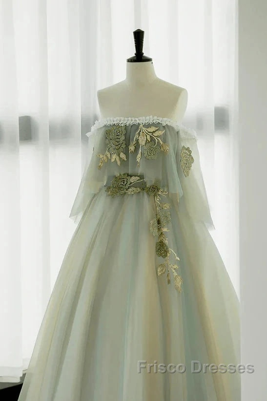 Light Green Off Shoulder Tulle Long Formal Prom Dress A-Line Green Party Dress