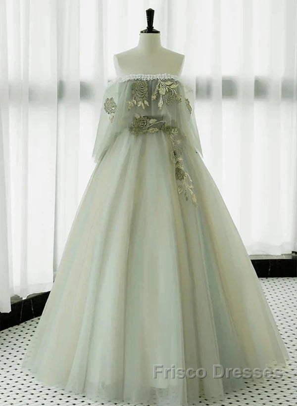 Light Green Off Shoulder Tulle Long Formal Prom Dress A-Line Green Party Dress