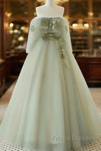 Light Green Off Shoulder Tulle Long Formal Prom Dress A-Line Green Party Dress